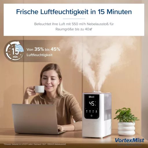 Levoit okos párásító nagy szobákhoz, felülről tölthető, meleg és hideg pára, 550 ml/h, 40 m², csendes