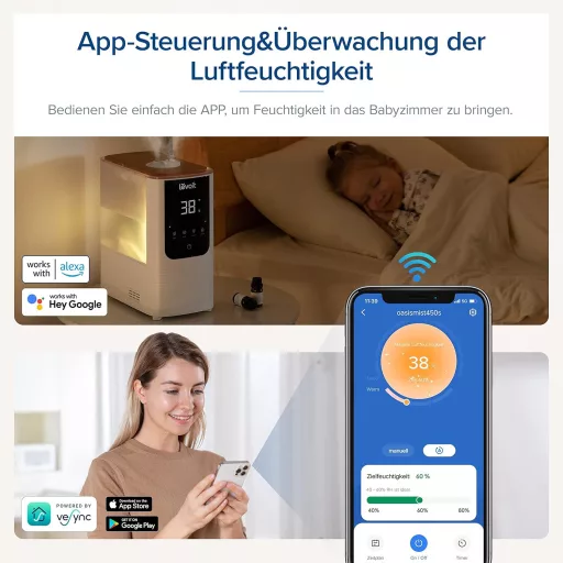Levoit okos párásító nagy szobákhoz, felülről tölthető, meleg és hideg pára, 550 ml/h, 40 m², csendes