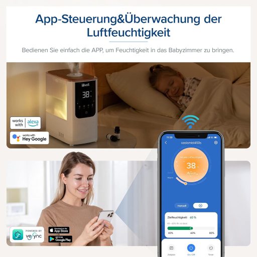 Levoit okos párásító nagy szobákhoz, felülről tölthető, meleg és hideg pára, 550 ml/h, 40 m², csendes