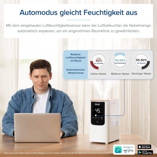 Levoit okos párásító nagy szobákhoz, felülről tölthető, meleg és hideg pára, 550 ml/h, 40 m², csendes