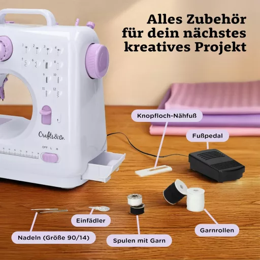 Crafts&Co Varrógép Kezdőknek LED Világítással és Lábpedállal | 12 Öltésminta | Mini Varrógép Overlock Funkcióval | Fehér