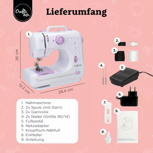 Crafts&Co Varrógép Kezdőknek LED Világítással és Lábpedállal | 12 Öltésminta | Mini Varrógép Overlock Funkcióval | Fehér