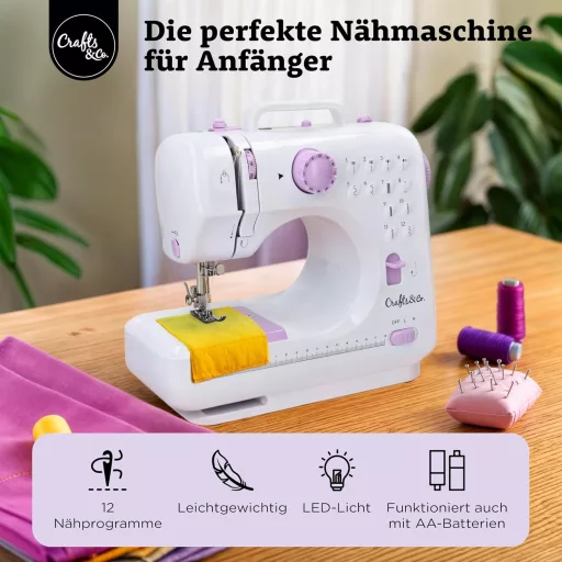 Crafts&Co Varrógép Kezdőknek LED Világítással és Lábpedállal | 12 Öltésminta | Mini Varrógép Overlock Funkcióval | Fehér