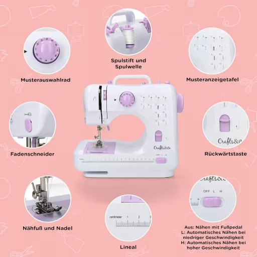 Crafts&Co Varrógép Kezdőknek LED Világítással és Lábpedállal | 12 Öltésminta | Mini Varrógép Overlock Funkcióval | Fehér