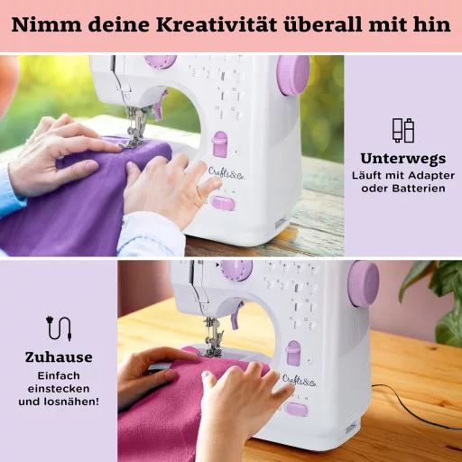Crafts&Co Varrógép Kezdőknek LED Világítással és Lábpedállal | 12 Öltésminta | Mini Varrógép Overlock Funkcióval | Fehér