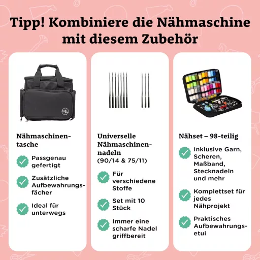 Crafts&Co Varrógép Kezdőknek LED Világítással és Lábpedállal | 12 Öltésminta | Mini Varrógép Overlock Funkcióval | Fehér