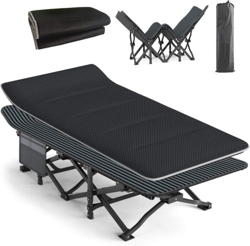 ATORPOK SHOP Összecsukható Kemping Ágy 200 kg Teherbírással - Hordozható Utazóágy Oldaltáskával, Fekete, Erős Acélváz, 190x70x35 cm