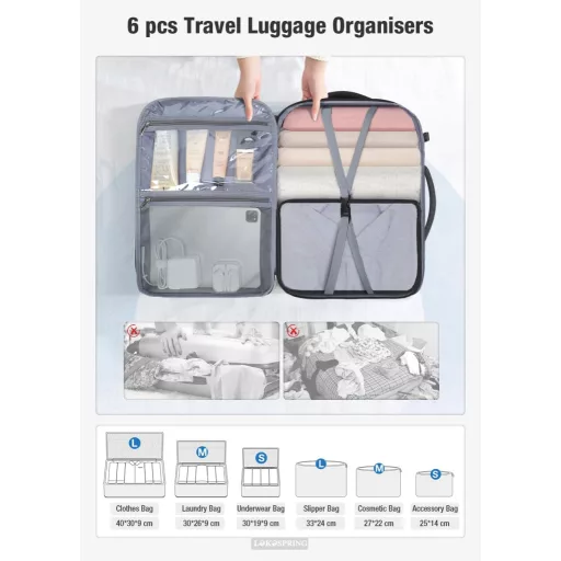 Lekespring Kézipoggyász Hátizsák 40x20x25 cm Ryanair Méretű, 6 Rendszerező Kockával, Utazó Táska Repülőre, Üzleti Útra és Hétvégi Kirándulás