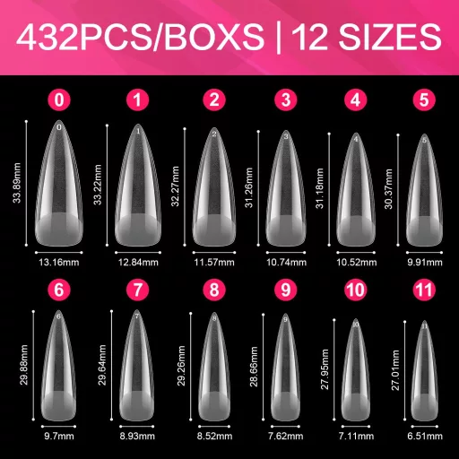 AIMEILI 432 db Műköröm Szett 12 Méret Stiletto Akril UV Gél Köröm Tipek