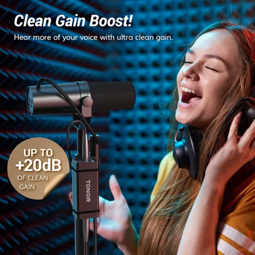 TONOR TA20 XLR Mikrofónový predzosilňovač - pre dynamické mikrofóny, 20dB zosilnenie, kompatibilný s SM7B, kovové telo, pre podcastové a streamovacie nahrávky