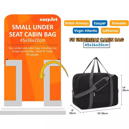 Geantă de voiaj pliabilă Narwey 45x36x20cm, bagaj de mână pentru avion, negru, 30L