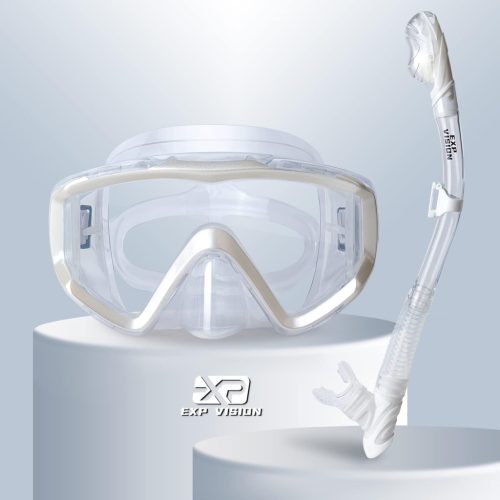Set de snorkeling EXP VISION cu tub uscat - Mască panoramică cu 3 lentile anti-ceață din policarbonat și snorkel etanș pentru adulți