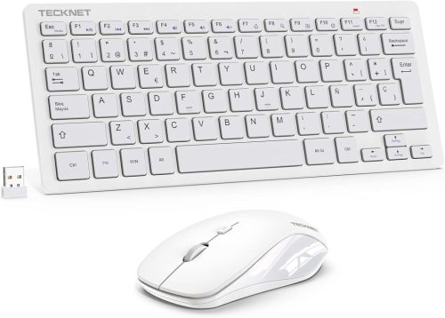 Set mini tastatură și mouse TECKNET Ticknet - Tastatură ergonomică spaniolă, ultra-subțire, 2.4G cu taste silențioase, rază de acțiune 15m