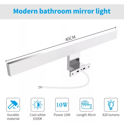 Aourow LED Fürdőszobai Tükörlámpa 40 cm - 10W 820lm Hideg Fehér Világítás IP44 Vízálló Alumínium Fali Lámpa Tükörszekrényhez