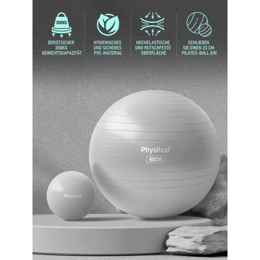 PhysKcal 65cm szürke torna labda + 23cm pilates labda szett, anti-burst, csúszásmentes egyensúly labda