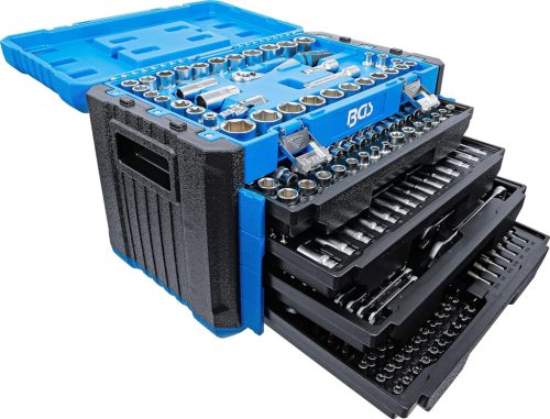 BGS 74000 Set Profesional de Chei Tubulare, 300 Piese - Dimensiuni de Antrenare 1/4", 3/8", 1/2", Dimensiuni Metrice și în Țoli, Finisaj Cromat, Mânere de Cauciuc