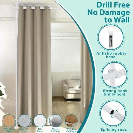 DAKEPOLE Cadru separator de cameră ajustabil - Bară flexibilă metalică pentru perdea, pentru living, dormitor, birou - 178 cm × 317 cm, Alb