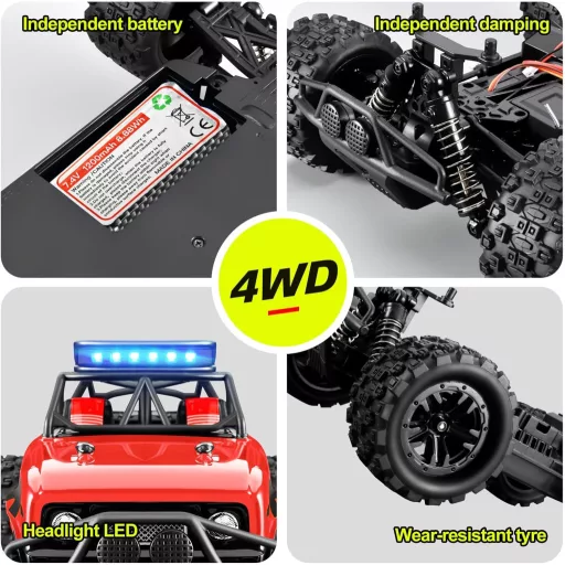 SupKonXi Mașină Telecomandată 1:18 - Viteză 40 km/h, Monster Truck Off-Road 4WD, 2 Acumulatori 60 Minute Timp de Joacă, Pentru Copii și Adolescenți, Roșu