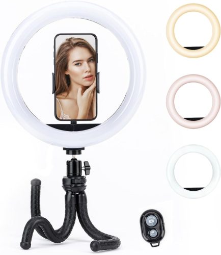 10" LED Gyűrűs Selfie Premium Lámpa Tripoddal, Bluetooth Távirányítóval és Telefon Tartóval