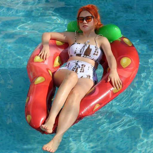 ROUSKY Colac gonflabil căpșună, dimensiune mare, jucărie de apă pentru copii și adulți, cu tetieră - Saltea de plajă și piscină, capacitate portantă 250 kg.