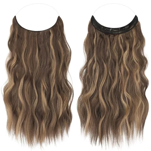 FESHFEN extensii de păr lungi și ondulate, 40 cm, blond miere-șaten deschis, sintetice