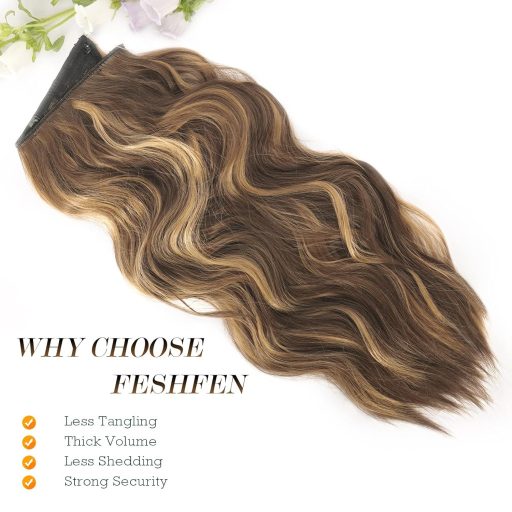 Extensii de păr FESHFEN lungi, ondulate, 50 cm, blond miere-șaten deschis, sintetice