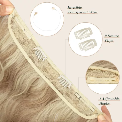 FESHFEN Extensii de păr ascunse, ondulate, sintetice, 50cm, blond auriu închis.