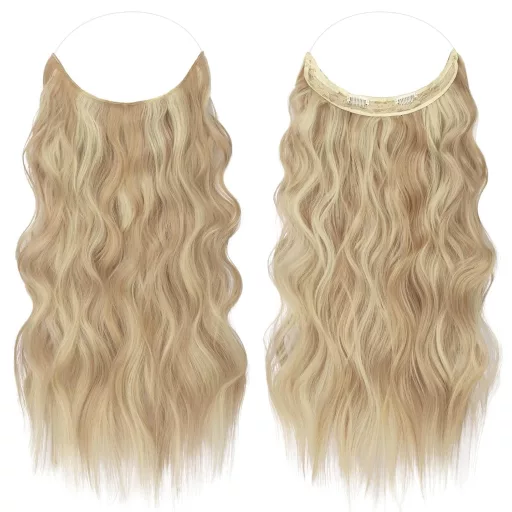 FESHFEN Extensii de păr ascunse, ondulate, sintetice, 50cm, blond auriu închis.