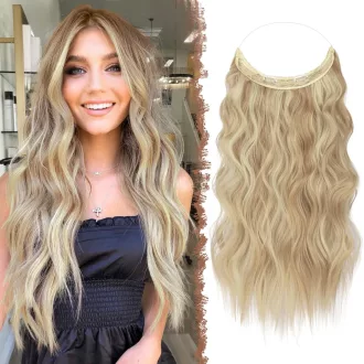   FESHFEN extensii de păr lungi, ondulate, invizibile, sintetice, blond bej auriu închis, 40 cm