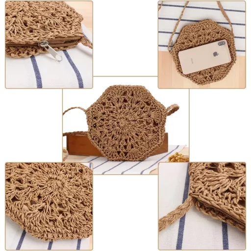 Taozoey Ručne robená dámska slamená taška cez rameno - Plážová taška v bohémskom štýle