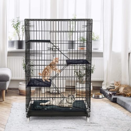 ybaymy Összecsukható Macskaketrec 4 Szintes - 90x55x125 cm Fém Ketrec 1-3 Macskának, 360° Forgatható Kerekekkel, Rámpával, Bel- és Kültéri