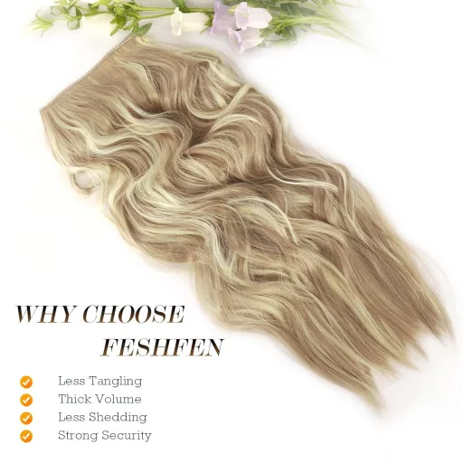 FESHFEN Extensii de păr ascunse, ondulate, sintetice, blond cenușiu închis, 50cm
