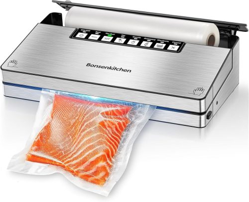 Bonsenkitchen Rozsdamentes Acél Vákuumfóliázó Gép - 12L/perc Szívókapacitás, 6 Élelmiszer Üzemmód, Beépített Vágó, Fóliatekercs Tartó, Kezdő