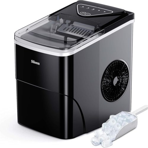 Aparat de făcut gheață Silonn - 9 cuburi în 6 minute, 12kg/24 ore, funcție de autocurățare, 2 dimensiuni de cuburi de gheață, rezervor de apă de 2L, negru, pentru bucătărie/birou
