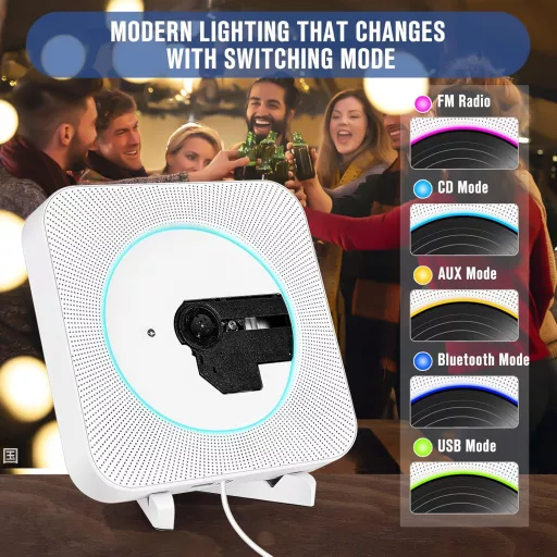MAITE Player CD Bluetooth cu montare pe perete cu difuzoare HiFi - Radio FM, USB, intrare AUX, mufă pentru căști, telecomandă, comutator cu fir.