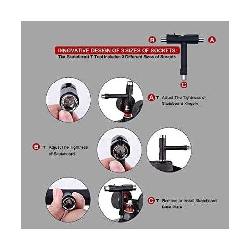 Súprava náradia pre skejtbordistov: T-kľúč, L-kľúč a skrutky v jednom balení