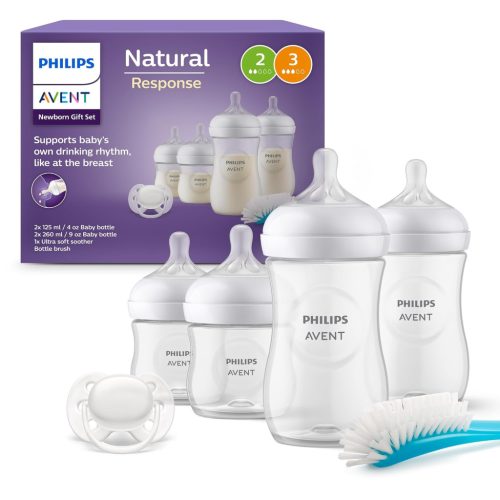Set cadou Philips Avent Natural Response pentru nou-născuți - 4 biberoane, tetină ultra-fină și perie pentru spălat biberoane, pentru bebeluși de 0-12 luni, fără BPA