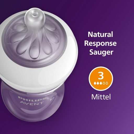 Set de biberon Philips Avent Natural Response - 3 buc. de 260 ml, fără BPA, pentru nou-născuți de la 1 lună, cu sistem de ventilare