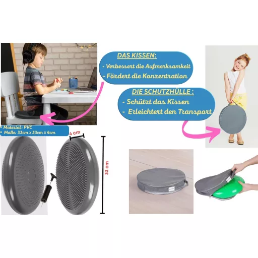 Seka-Planet ADHD Balančná podložka s ochranným poťahom a gumičkou - Čierny PVC sedací vankúš pre rozvoj pohybu, 35x35 cm