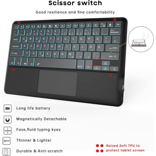 ROOFEI Samsung Galaxy Tab S8 Plus/S7 FE/S7 Plus 12.4" Billentyűzet Tok 7 Szín LED Touchpad Német QWERTZ