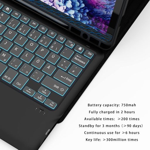 ROOFEI Samsung Galaxy Tab S8 Plus/S7 FE/S7 Plus 12.4" Billentyűzet Tok 7 Szín LED Touchpad Német QWERTZ