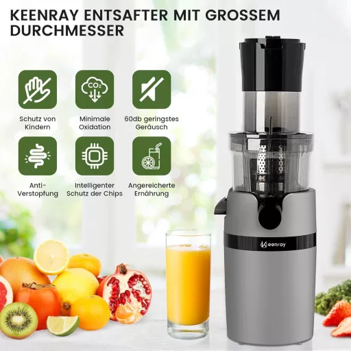 Keenray Lassú Gyümölcsfacsaró Elektromos Centrifuga 80mm Széles Szájjal, Visszafordítás Funkcióval, Szürke