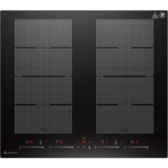   AMZCHEF 60 cm-es Indukciós Főzőlap 2 Flex Zónával, 4 Főzőmezős, 9 Teljesítményszint + Booster, BBQ és Melegen Tartó Funkcióval, 7400W
