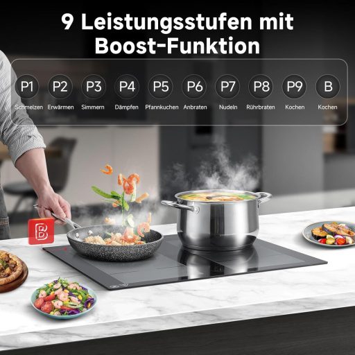 AMZCHEF 60 cm-es Indukciós Főzőlap 2 Flex Zónával, 4 Főzőmezős, 9 Teljesítményszint + Booster, BBQ és Melegen Tartó Funkcióval, 7400W