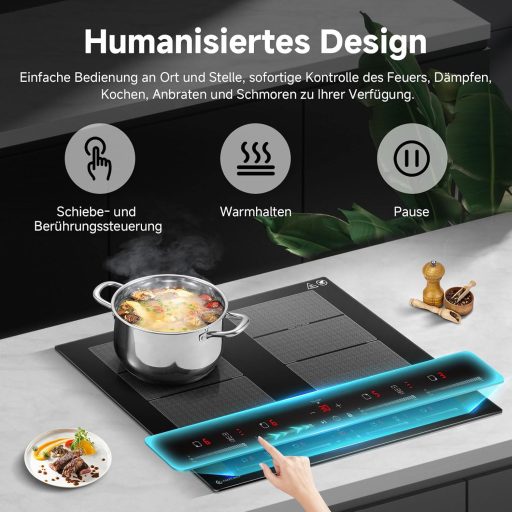 AMZCHEF 60 cm indukcijska ploča za kuhanje s 2 flex zone, 4 zone za kuhanje, 9 razina snage + booster, funkcijom roštiljanja i održavanja topline, 7400W