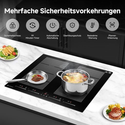 AMZCHEF 60 cm indukcijska ploča za kuhanje s 2 flex zone, 4 zone za kuhanje, 9 razina snage + booster, funkcijom roštiljanja i održavanja topline, 7400W