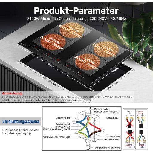 AMZCHEF 60 cm-es Indukciós Főzőlap 2 Flex Zónával, 4 Főzőmezős, 9 Teljesítményszint + Booster, BBQ és Melegen Tartó Funkcióval, 7400W