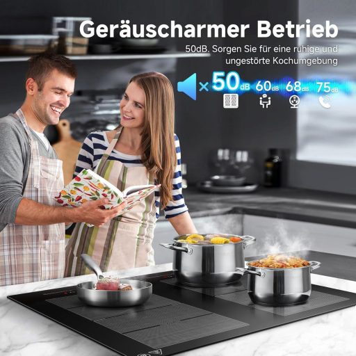 AMZCHEF 60 cm-es Indukciós Főzőlap 2 Flex Zónával, 4 Főzőmezős, 9 Teljesítményszint + Booster, BBQ és Melegen Tartó Funkcióval, 7400W