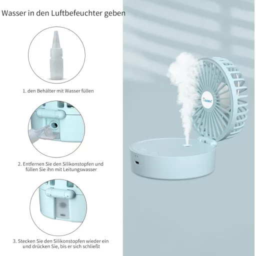 I-SHUNFA Hordozható Ventilátor Párásítóval, Akkumulátoros Mini Ventilátor Utazáshoz