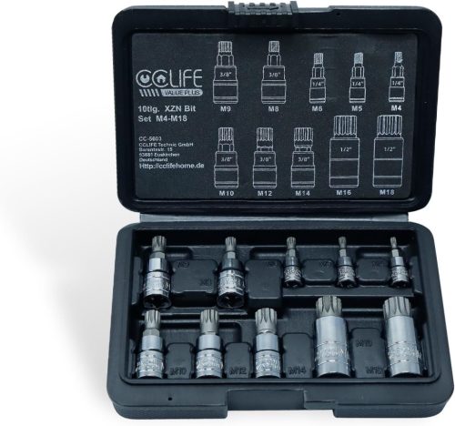 CCLIFE 10 részes Multi-Tooth XZN dugókulcs készlet M4-M18 méretben, S2 acél, króm bevonatú, Torx csavarokhoz, 1/4", 3/8", 1/2" befogással
